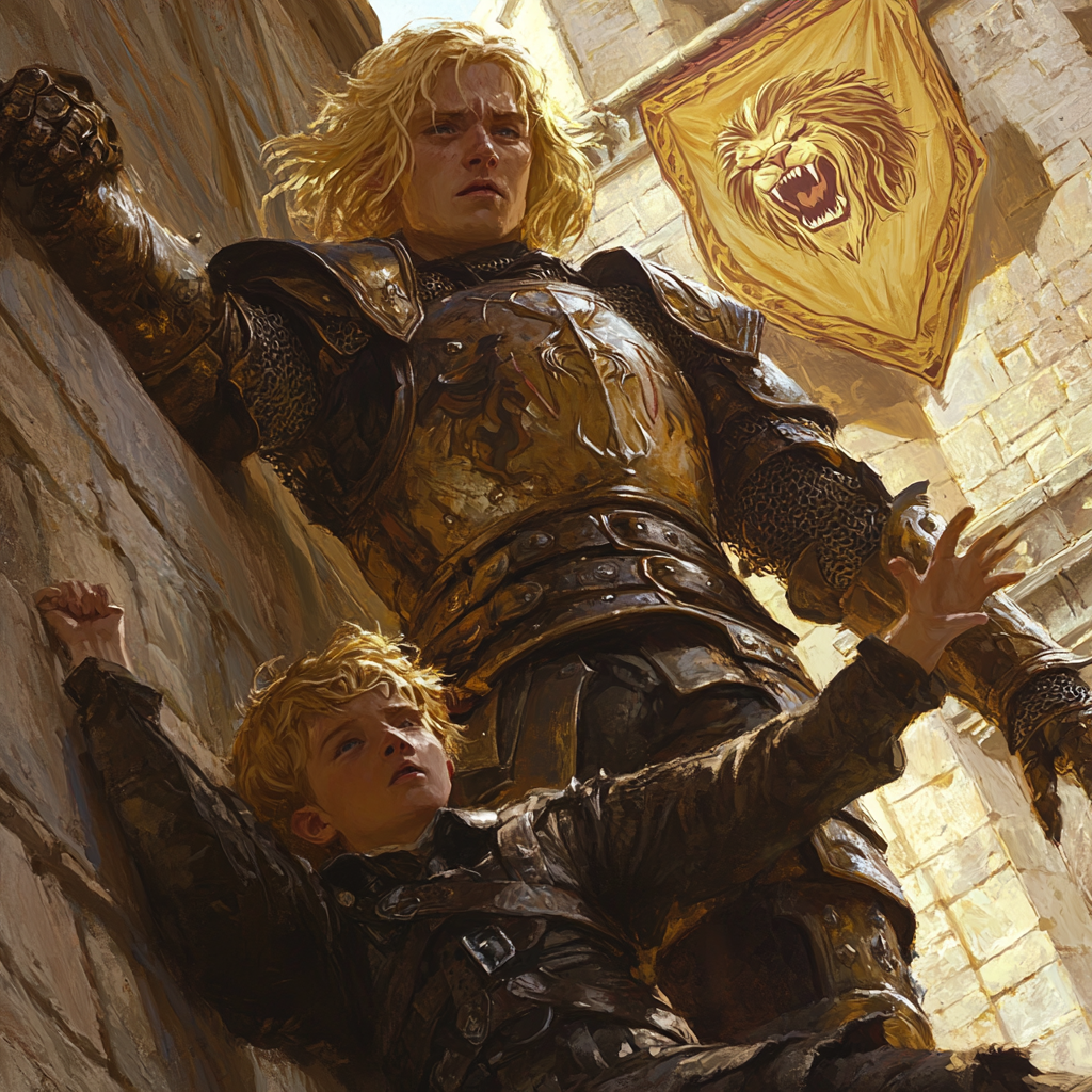 Knight protects fallen boy