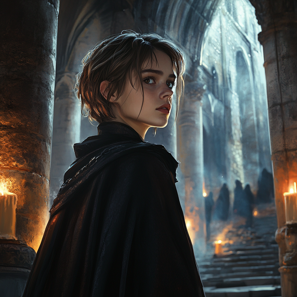 Mysterious cloaked figure in cathedral
