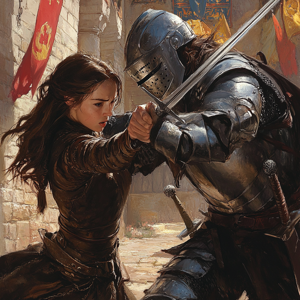 Female warrior battles knight