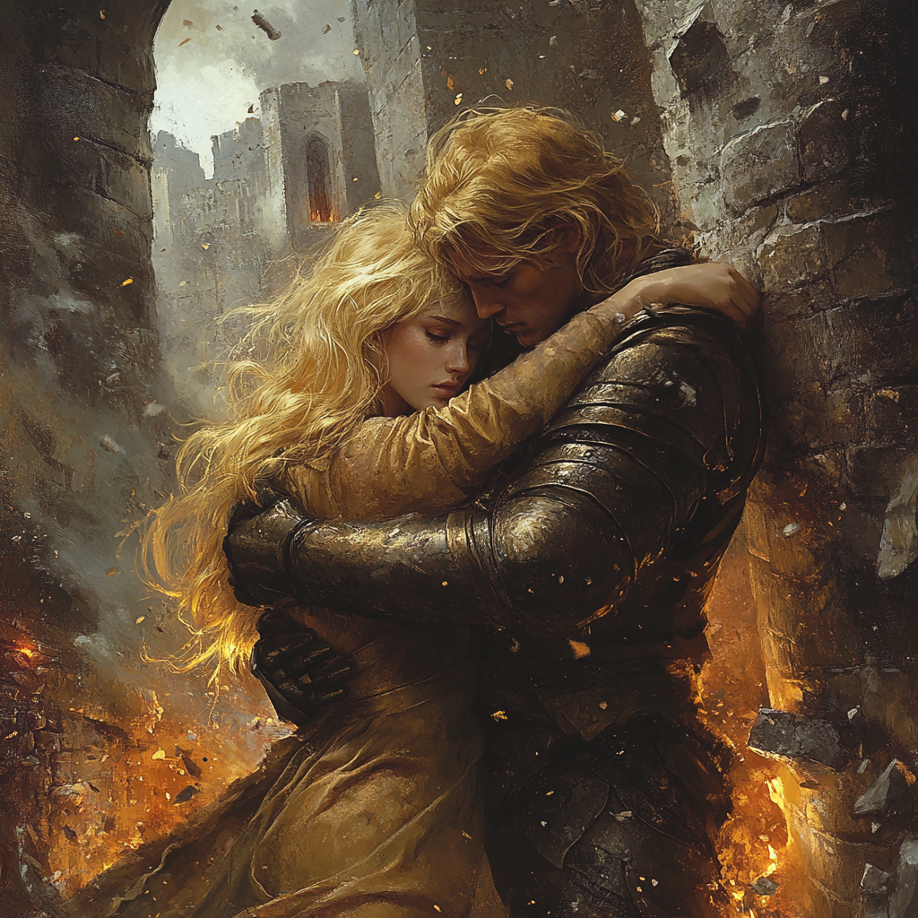 Knight embraces lover, fire