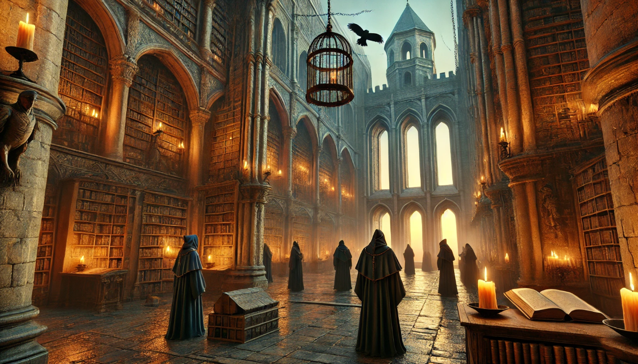 Hooded figures in library.

