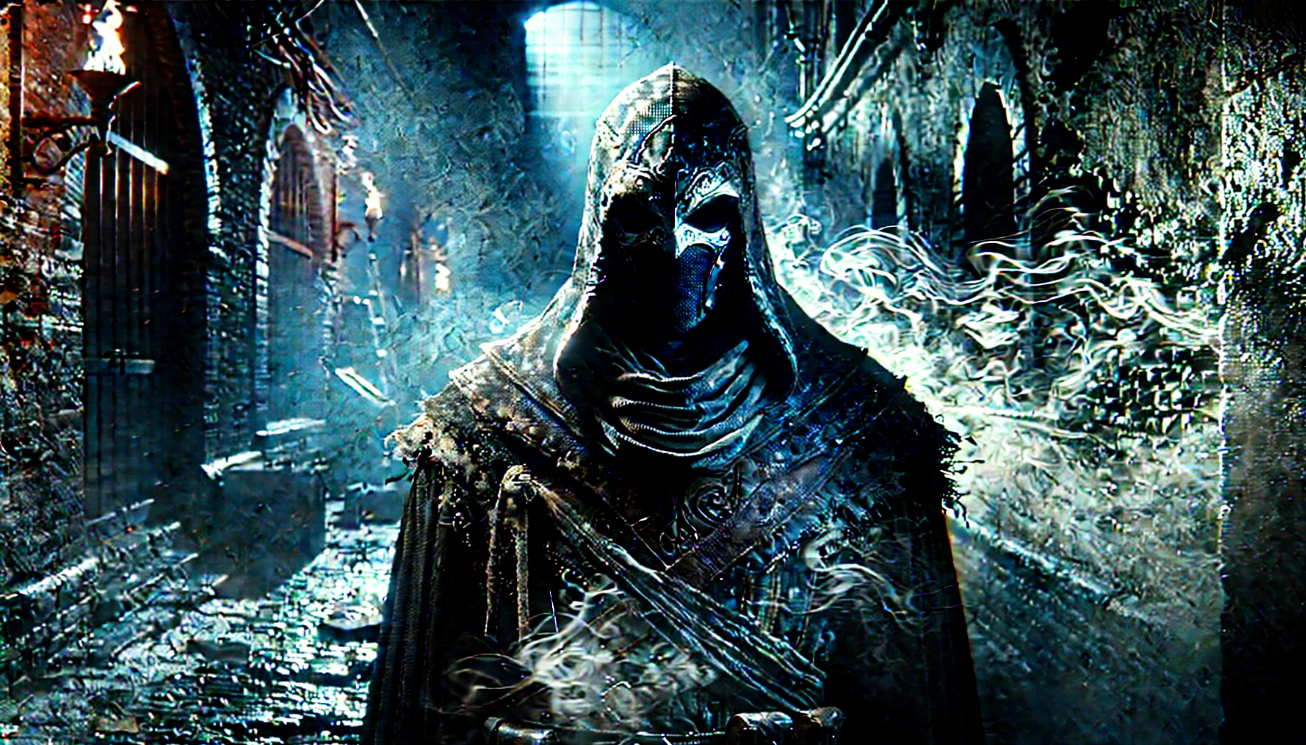 Hooded figure dark alley mist