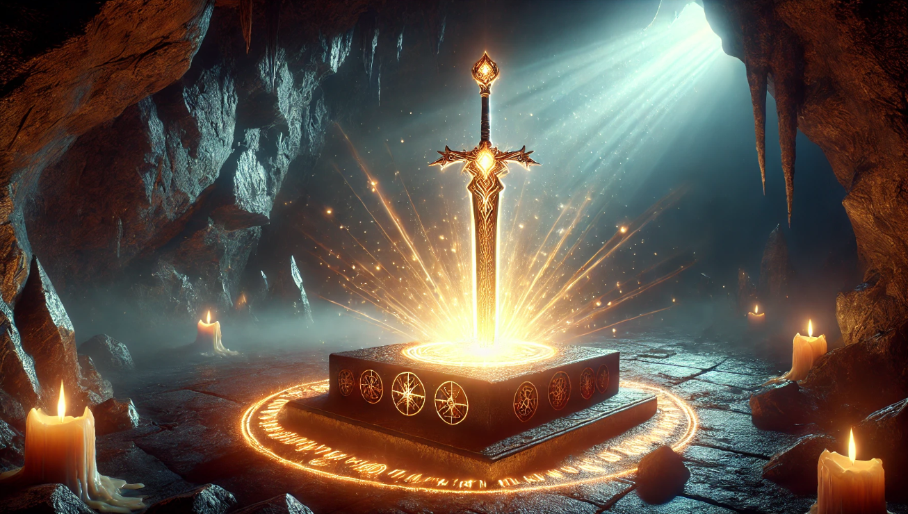 Glowing sword in cave