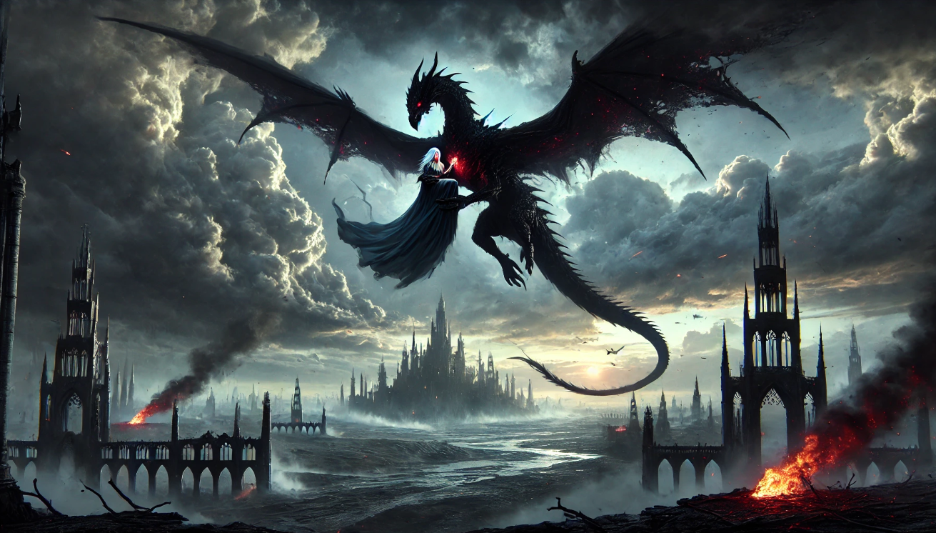 Dark dragon over ruins.

