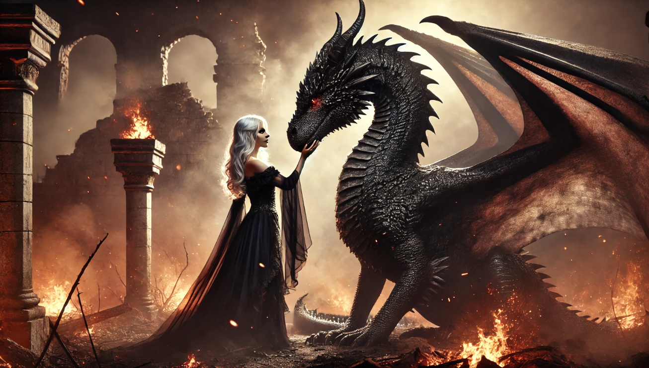 Woman dragon fire ruins