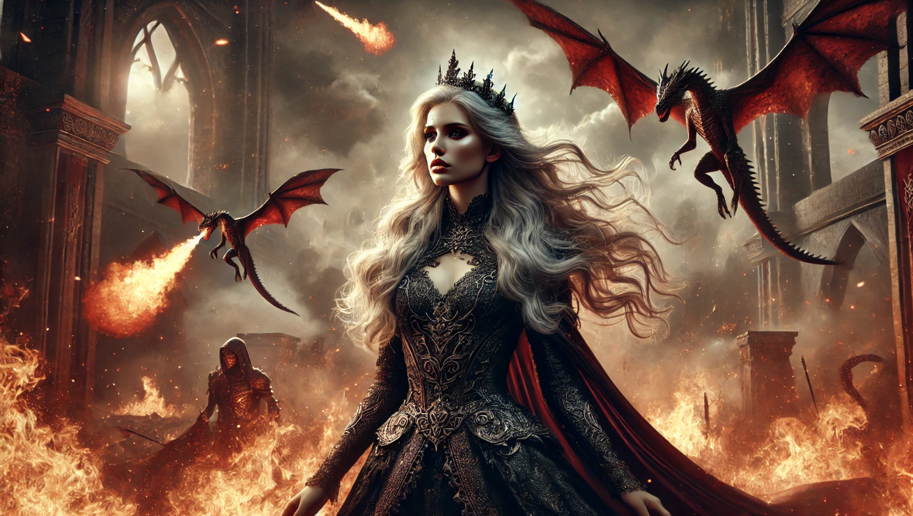 Queen commands fiery dragons. 