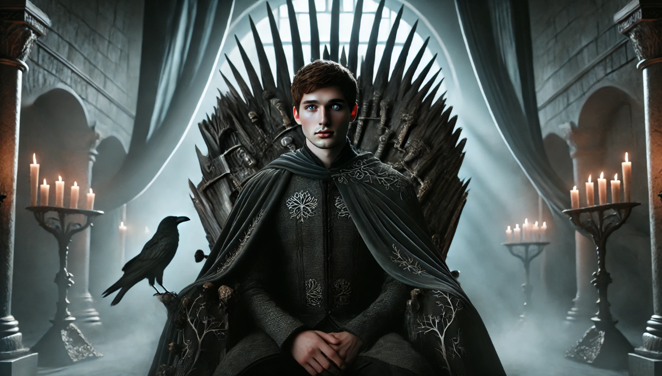 Person on Iron Throne with raven candles stone pillars misty atmosphere