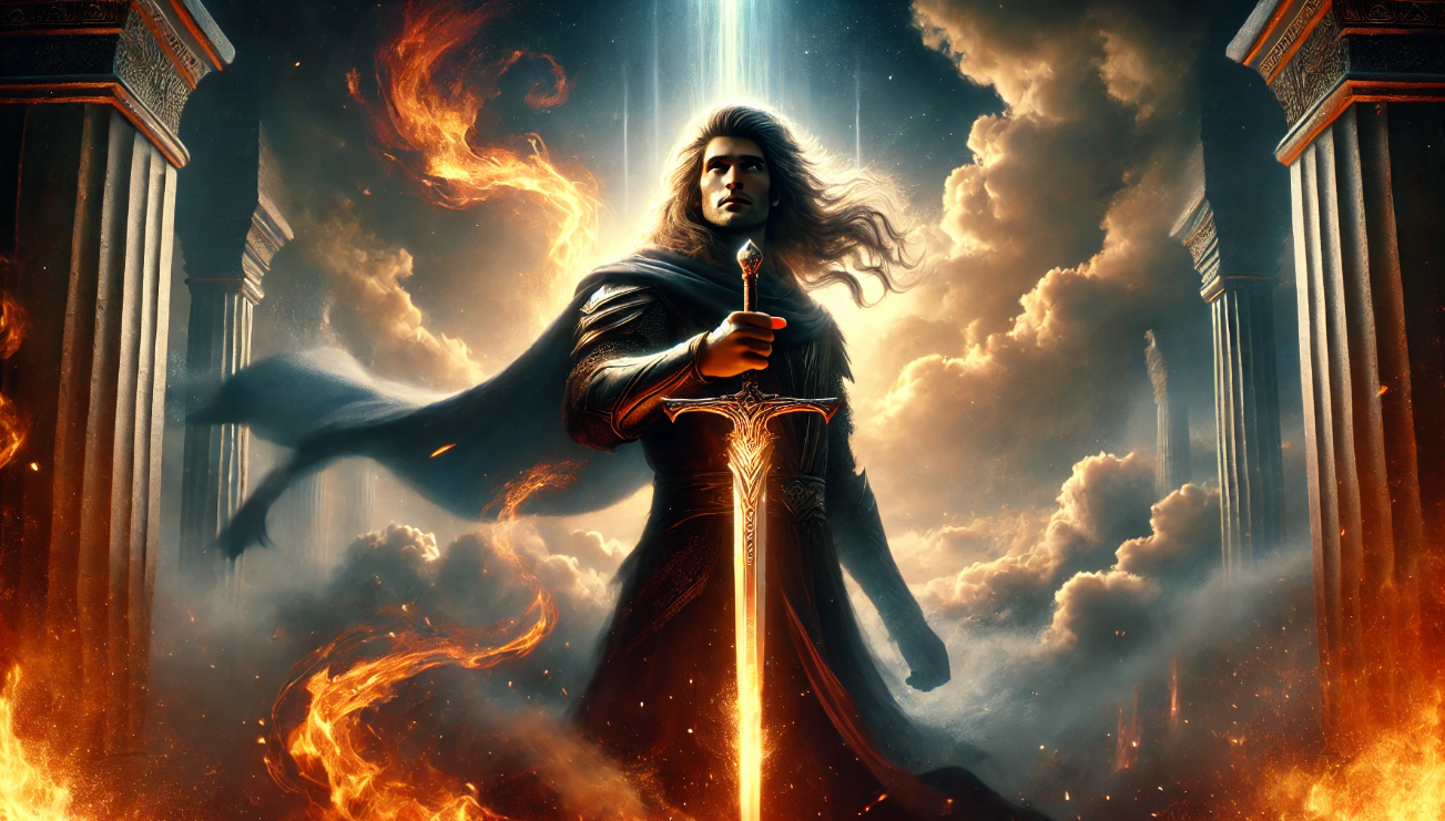Warrior holding glowing sword amidst fiery clouds and ancient pillars