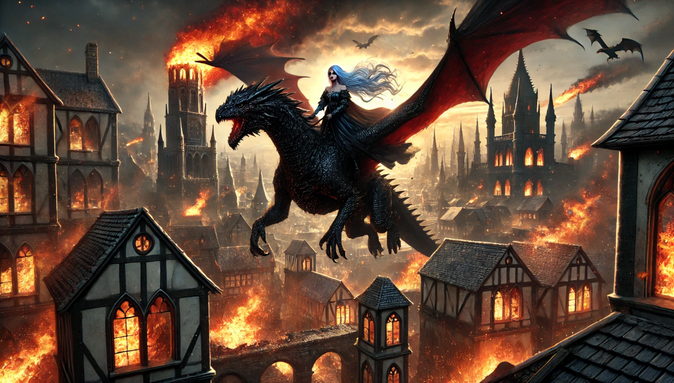 "Dragon rider burning city"

