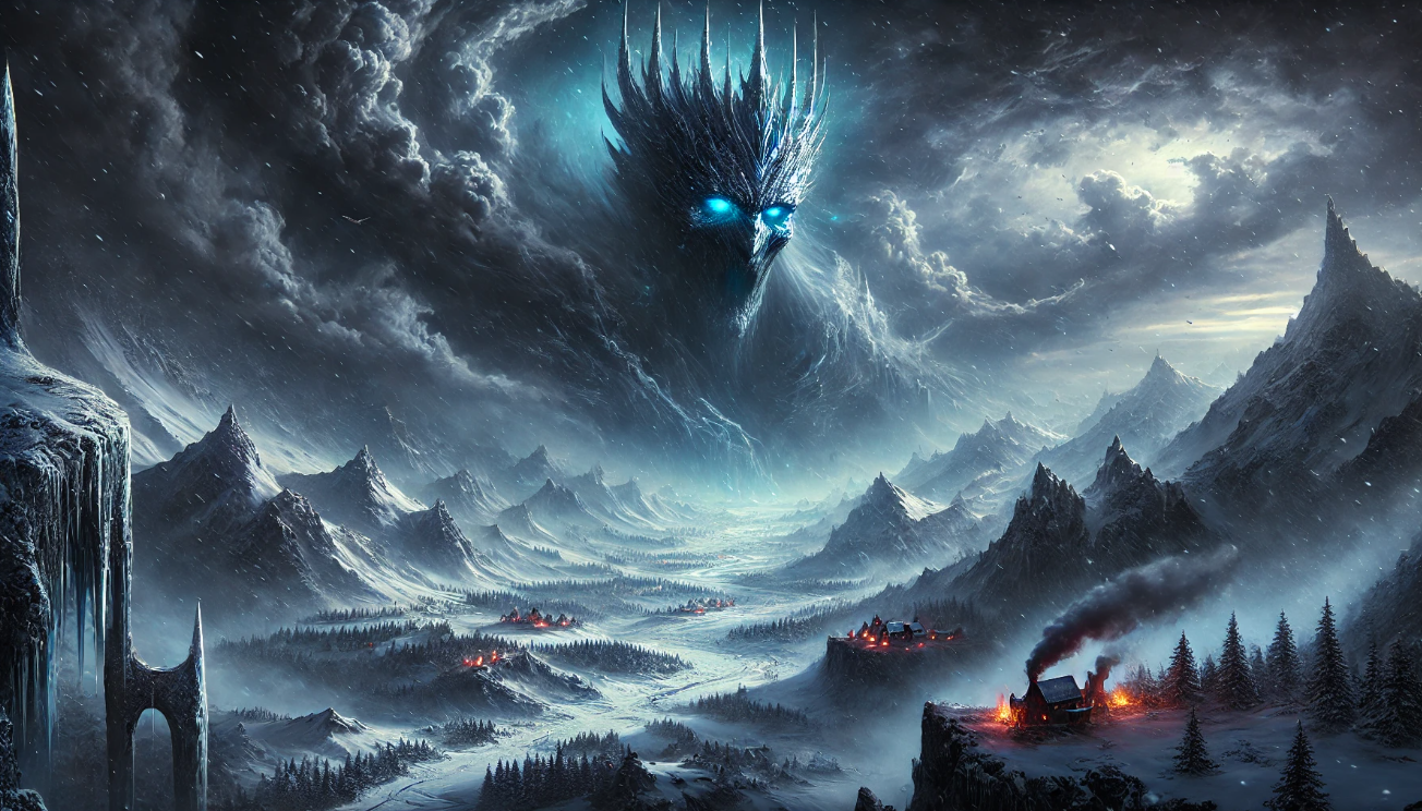 "Icy landscape, dragon, villages."