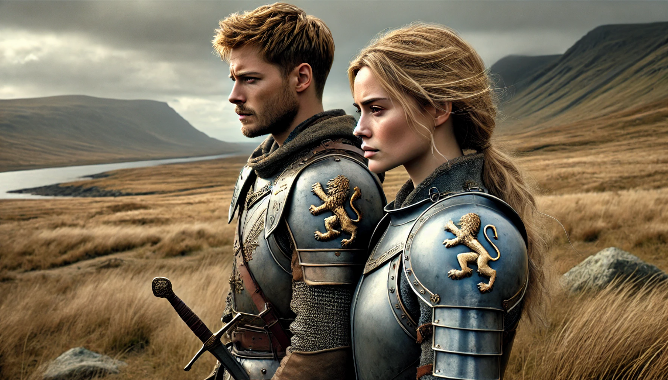 Two armored warriors landscape lion emblem sword