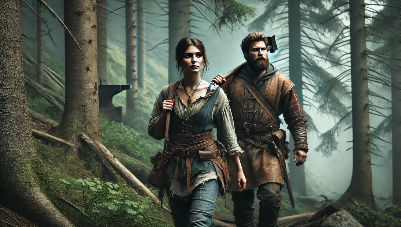 Adventurous couple in forest 
