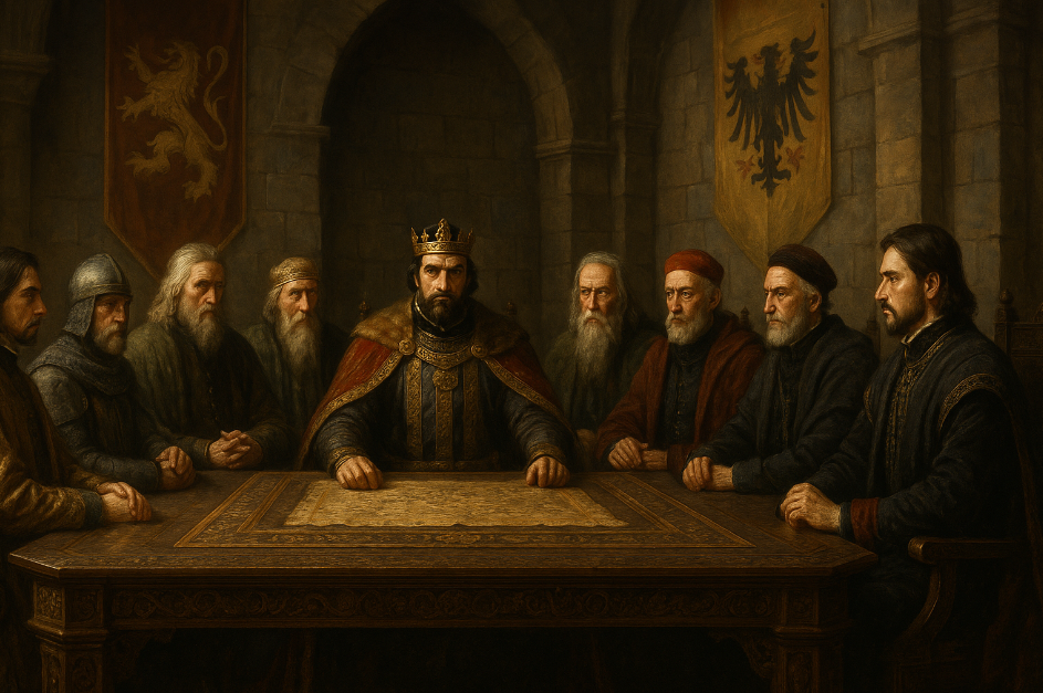 Medieval council meeting scene