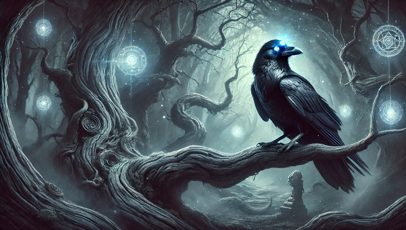 Raven glowing eyes forest magic