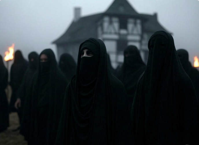 Cloaked figures foggy village torches