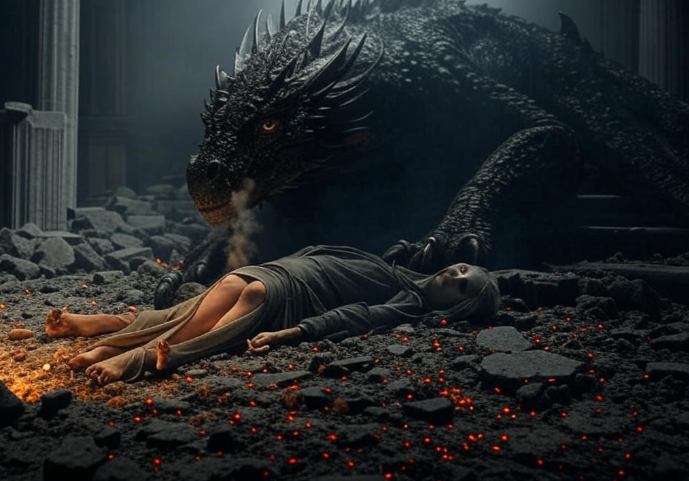 Dragon woman ruins embers