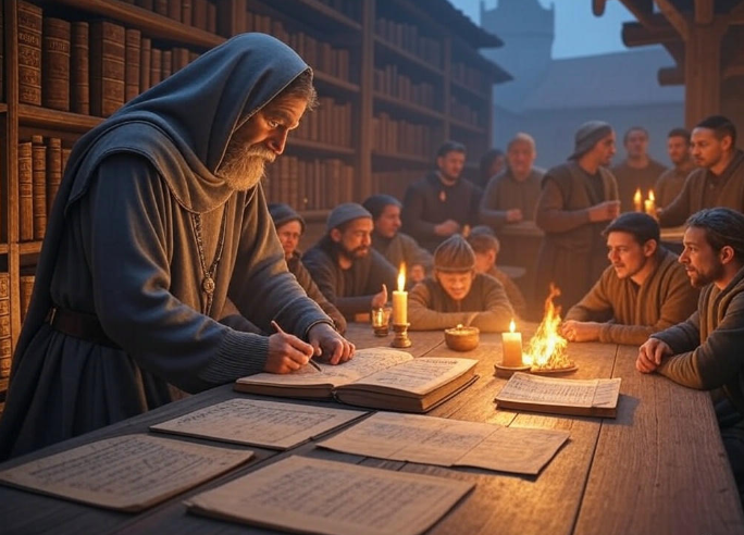 Monks in candlelit library writing manuscripts