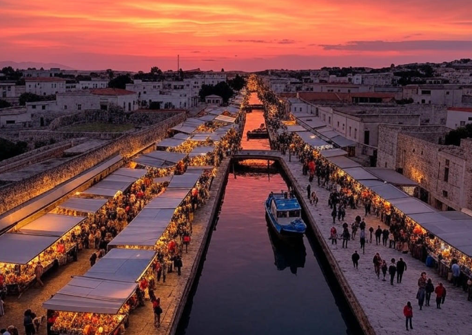 Vibrant canal market sunset