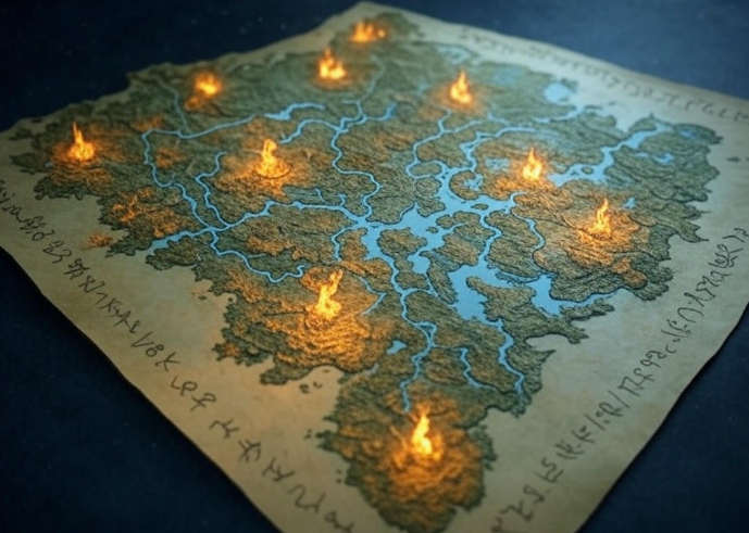 Ancient map with glowing flames marking rivers and lands