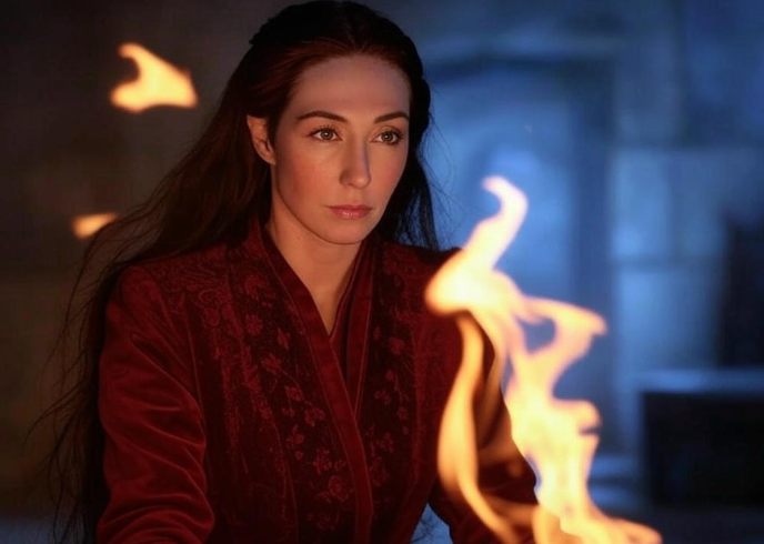 Woman red robe fire magic