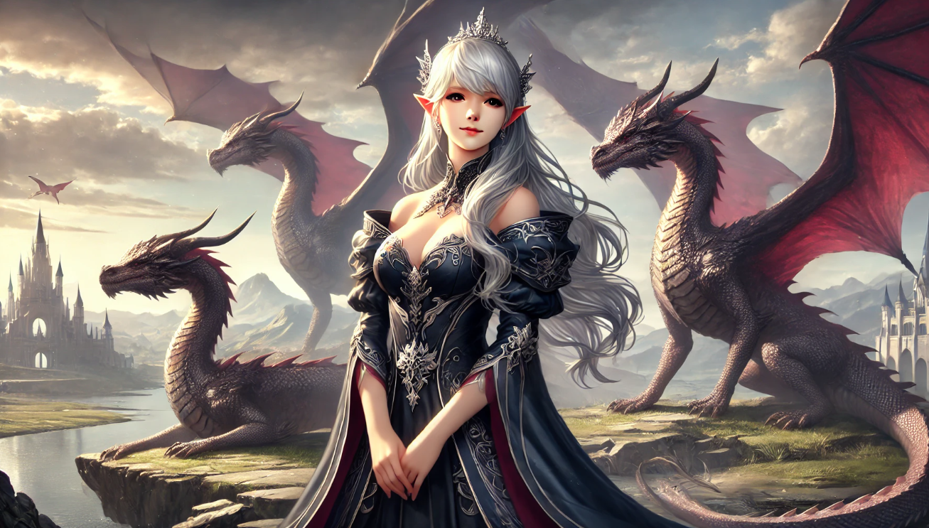 "Elf queen with dragons"

