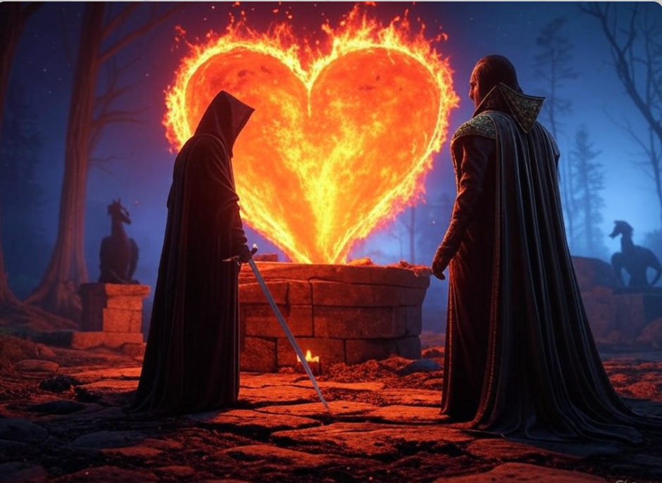 "Fiery heart, cloaked figures."