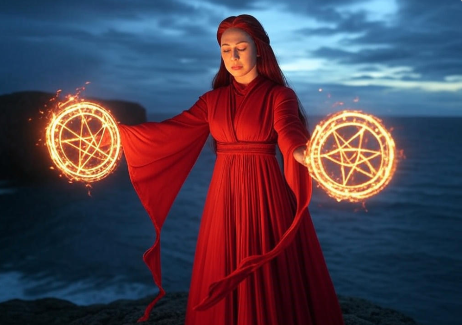 "Sorceress, fiery portals, ocean."