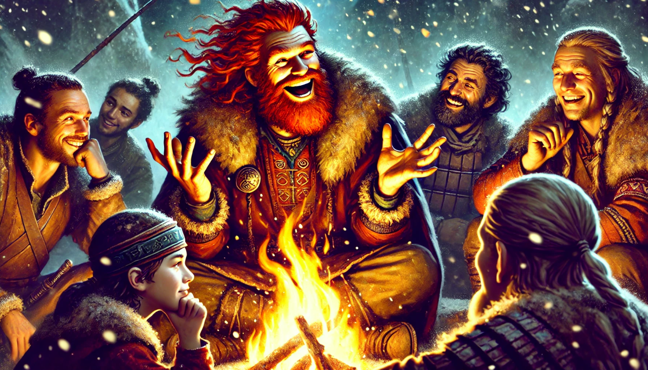 "Vikings laughing around fire."