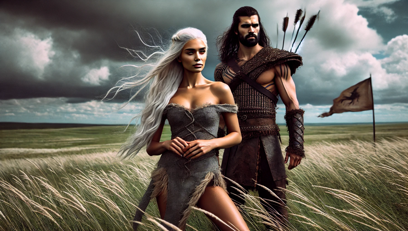 Fantasy warriors in windy field

