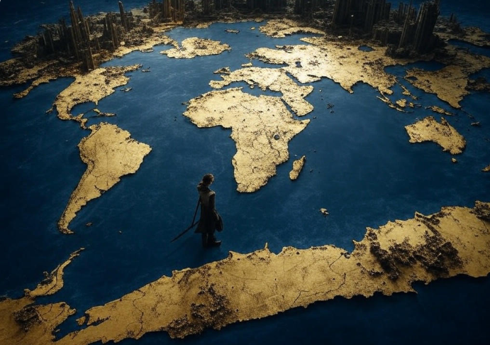 Warrior on golden world map
