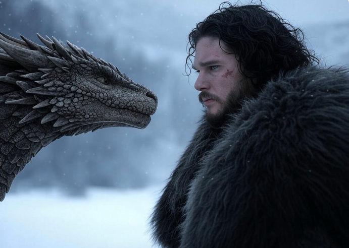 Man dragon snowy landscape