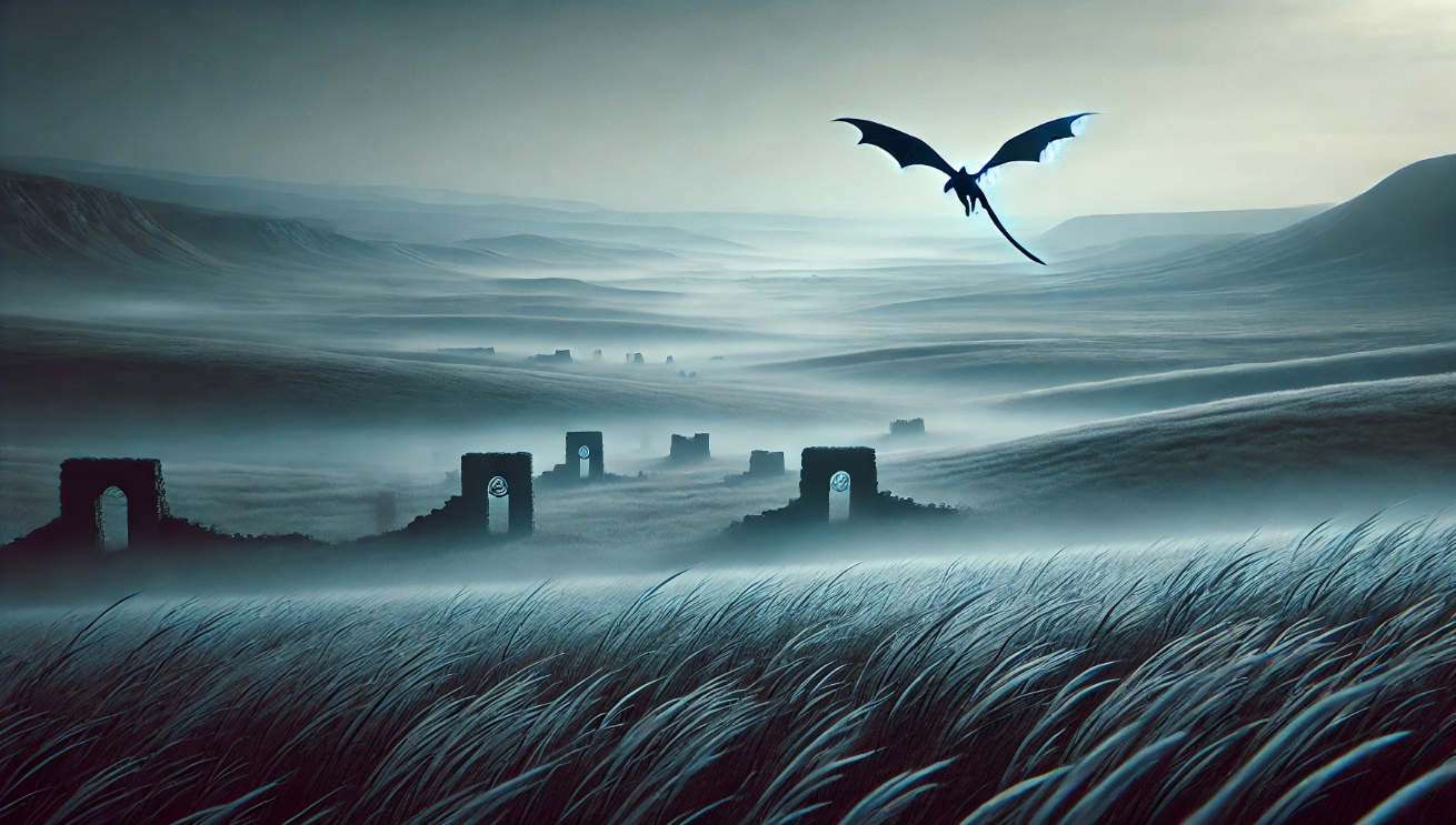 Dragon soars above ruins.


