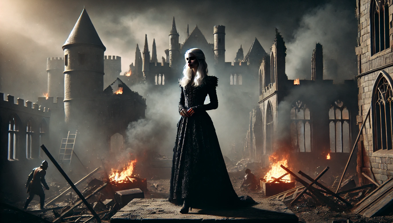 Queen amidst burning ruins. 