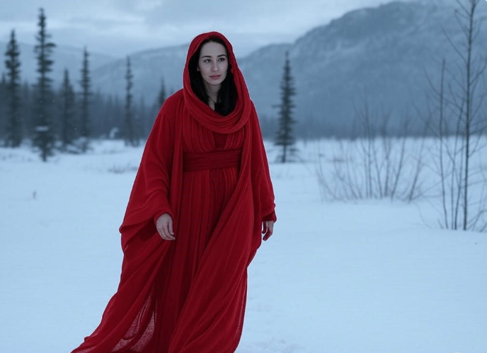Red cloaked woman snowy landscape