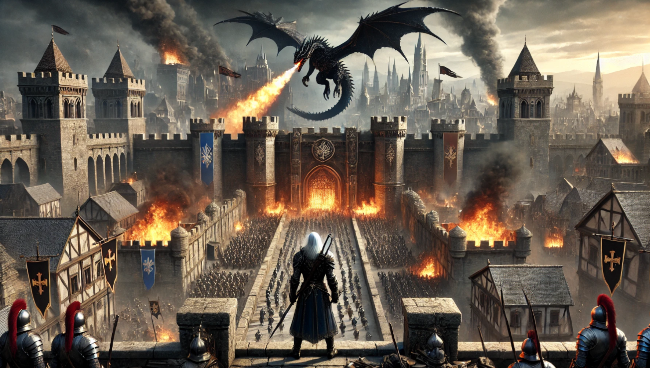 "Dragon attacking medieval castle"

