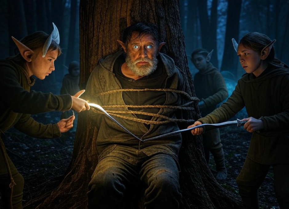 "Forest, tied man, elves."