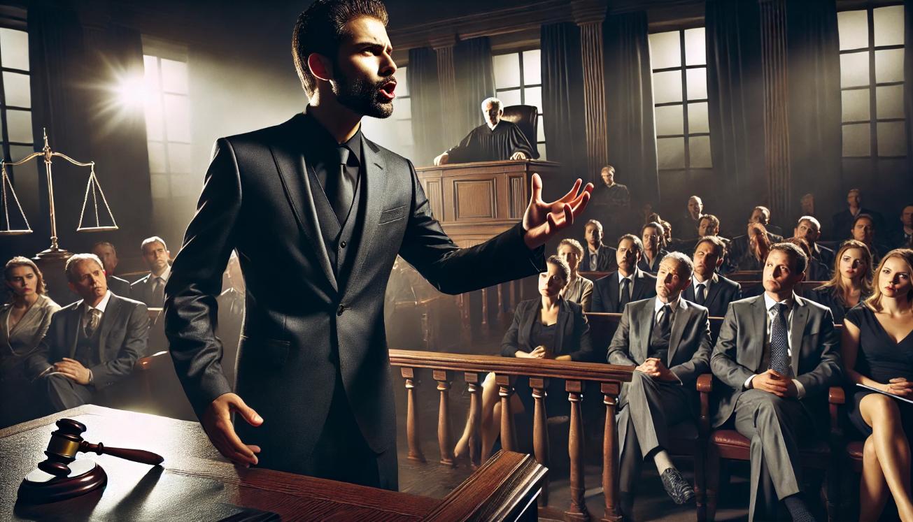 Passionate lawyer addressing courtroom

