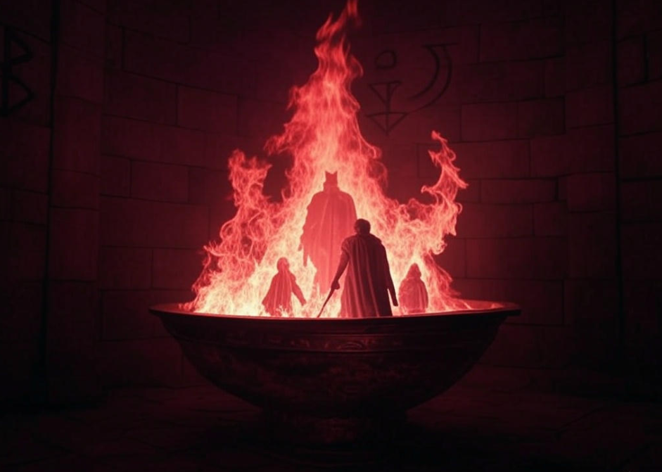 "Figures in fiery pit."