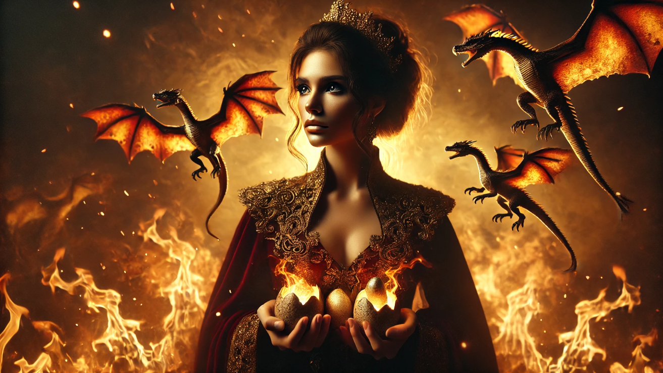 Queen holding flaming eggs

