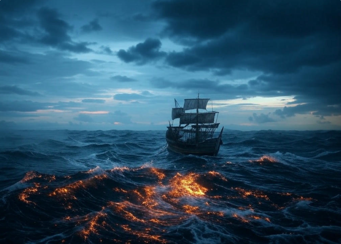 Ship in fiery ocean waves