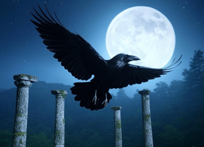 Raven flying moonlit ruins