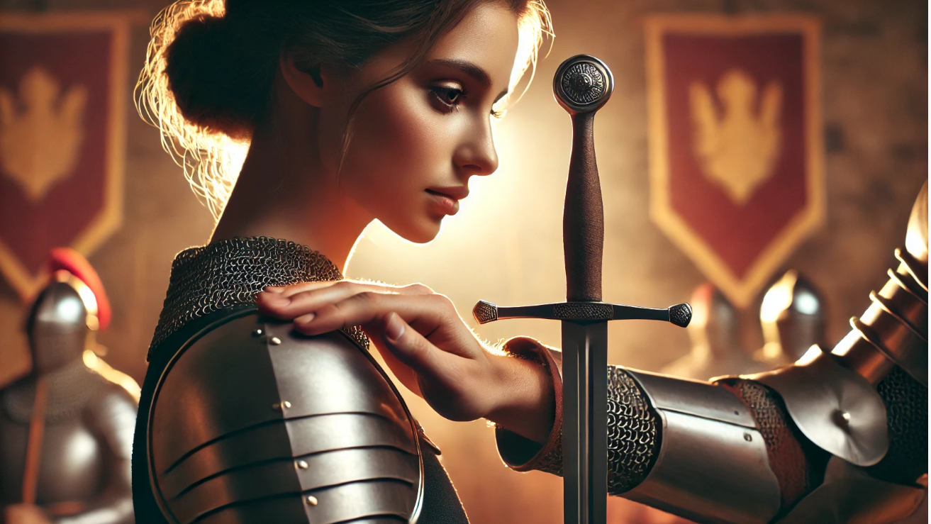 Woman knighted with sword


