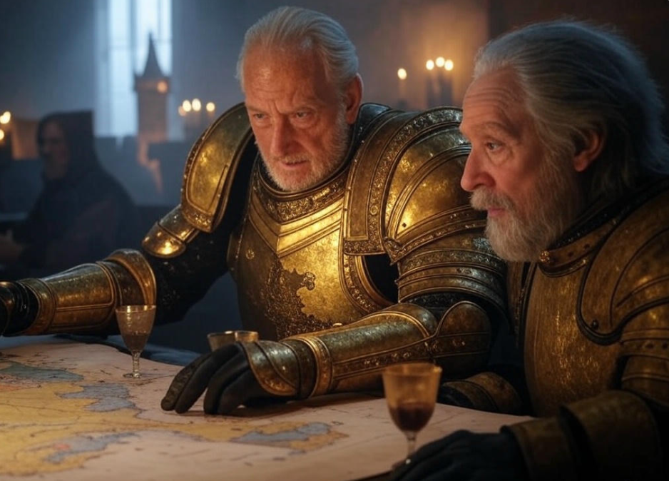 Battle plans, armored strategists gathered.


