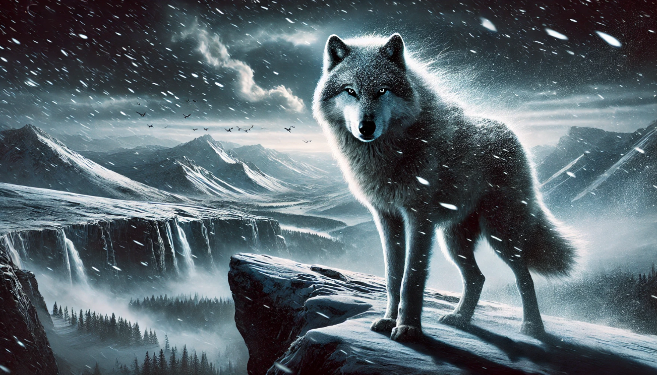"Majestic wolf in snow."

