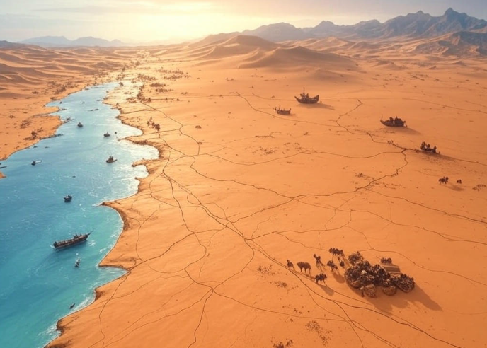 Desert river caravan scene