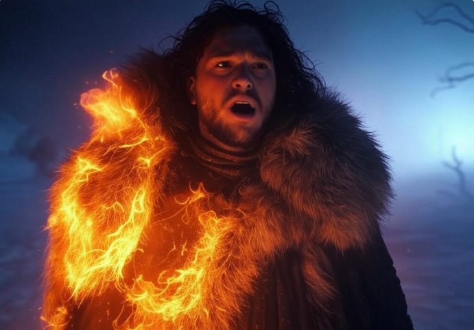 Man in fur with fiery energy in snowy background
