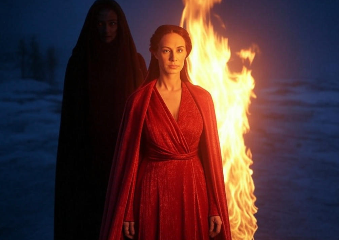 Red cloaked woman fire shadow