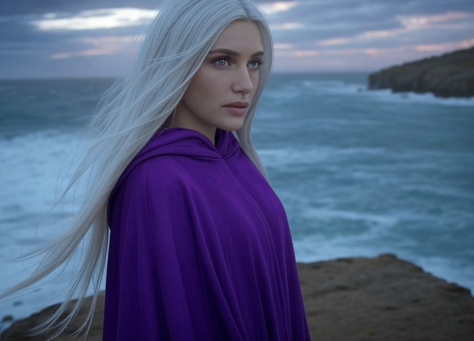 Woman purple cape ocean