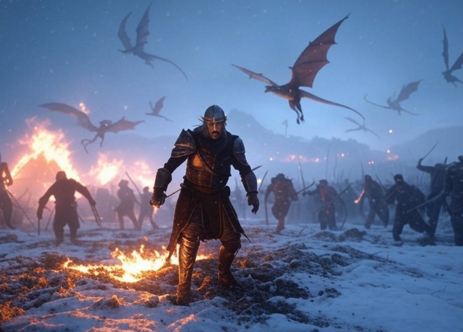 "Knight, dragons, snowy battle."