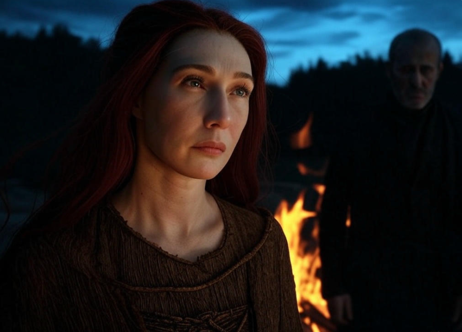 "Fire, night, cloaked figures."